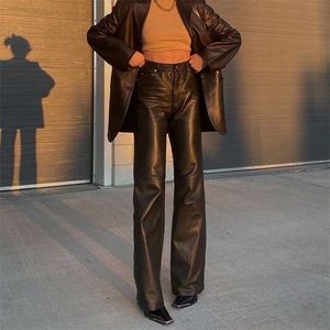 ブラックフェイクレザーパンツ女性ストレートレッグファッション原宿バギーズボンカジュアルエレガントハイウエスト211115