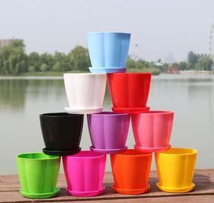 Semplici mini vasi da giardino a forma di petalo in plastica PP fioriere con pallet per la decorazione domestica vaso di fiori colore caramella