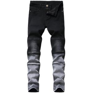 Calças de brim masculinas estiramento magro preto pequenos pés tendência marca de alta qualidade calças de motocicleta plissadas