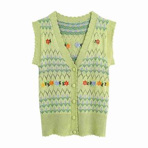 Sweet Women V Neck Single-breasted Vest Spring-autumn Fashion Ladies England Style Female Flower Knitted Top 210515