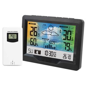 FanJu FJ3383F Weather Station Digital Alarm Table Clock Temperature Meter Hygrometer Barometer Moon Phase Sze Wireless sensor 210719