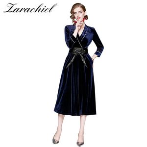 Elegant Blue Velvet Autumn Winter Women V-Neck Wrist Sleeve Diamonds Ladies Office Dress Vestidos Robe With Belt 210416