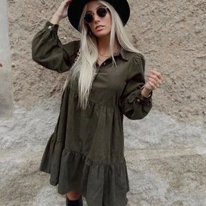 Vintage 100% Cotton Green Ruffles Dress Sweet Ladies Boho Shirt-Style Mini Dresses Elegant Button Solid Vestidos Femme Robe 210521