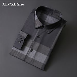 Marka Erkekler İş Gündelik Gömlekler Sonbahar Moda Uzun Kollu Gri Ekose Gevşek Gömlek Elbisesi artı 5xl 6xl 7xl 210730