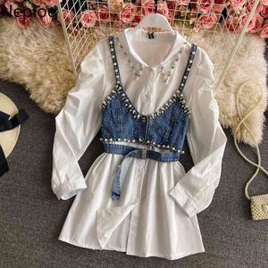 Neploe blouses women Loose Pleated Puff Sleeve Tops Korean fashion white tops beading Denim sling vest Two Piece Set Woman 4h617 210422