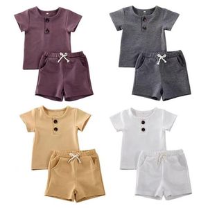 Ins Fashions Baby Kids Girls Boys Barnkläder Satser Cotton Passar Kortärmade Front Knappar Toppar Straps Shorts 2Pieces Sommar Outfits