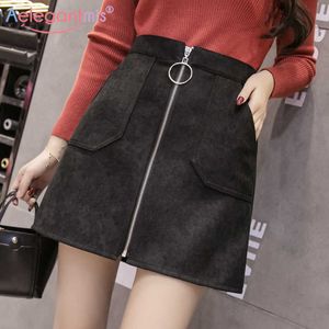 Aelegantmis Fashion Black Suede Fabric Chic Women Mini Skirt Casual Vita alta Ladies Short s Elegante Zipper A-line 210607