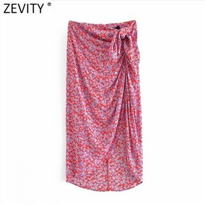 Zevity Women Sweet Floralプリントちょう結びサロンスカートファルダスムハーの女性シックなプリーツスプリットvestidoバックジッパースリムスカートQUN778 210619