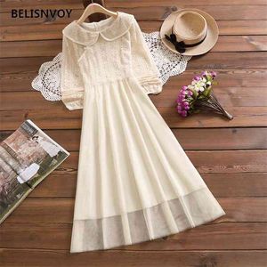 Vintage Lace Dress Women Puff Sleeve Peter Pan Collar Es Elegant Vår Höst Mesh Party High Waist Vestidos 210520