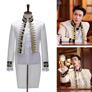 Men's Trench Coats White Vintage Embroidery Blazer Jacket Men Long Sleeve Swallow-Tail Coat Tailcoat Wedding Party Prom Costume Homme