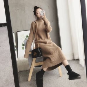 Coreano Chegue Chic Design Turtleneck Longa Manga De Malha Outono Inverno Moda Sólida Solida Sweater Vestido 210514