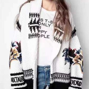 Women Vintage Knit Cardigan Embroidery Floral Letters Long Sleeve White Ladies Loose Coat Knitwear Tops Autumn Winter 211014