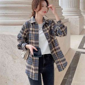 Frühling Mode Damen Langarm Casual Blusen Top Vintage Weibliche Streetwear Plaid Frauen Lose Chic Shirts 210519