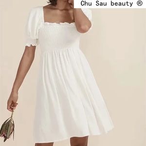 Fashion Sweet Chic French Romantic White Cotton Mini Dress Women Summer Casual Style Elastic Bust Dresses Female 210508