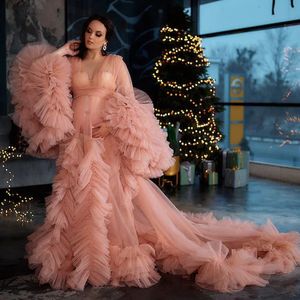 Elegancka Illusion Pink Tulle Maternity Sleepwear Szata Dla Photoshoot Puffy Kobiety w ciąży Szaty Fotografia Suknia Wieczorowa Prawdziwe zdjęcia