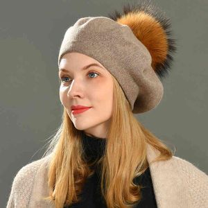 Vrouwen Cap Echte Grote Pomith Winter Gebreide Wollen baret Natuurlijke Wasbreer Bont Bal Heed Effen Kleur Top Kwaaliteit Vrouwelijke