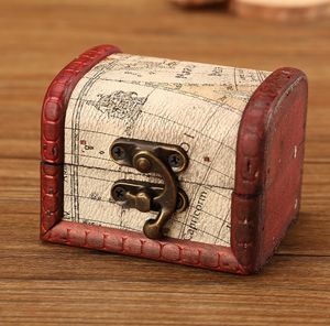 Vintage Box Jewelry Pudełko Mini World World Map Wzór Metal Kontener Organizator Przechowywania Case Handmade Treasure Chest Drewniane małe pudełka SN5403