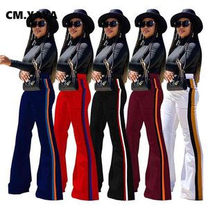 CM.Yaya Vintage Streetwear Kobiety Flare Spodnie Wysokiej Talii Bell Dolne Paski Spodnie splotowe Draped Jogger Supworty 210915