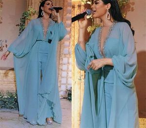 Wspaniały plus rozmiar Dubai Arabski Aso Ebi Jumpsuits Sukienki Promowanie Seksowne szyfonowe koraliki głębokie V Nakień Długie rękawy