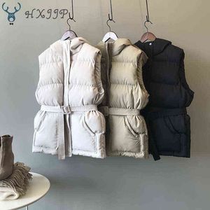 HXJJP Women Vest Winter Jacket Pocket Hooded Coat Warm Casual Cotton Padded Vest Female Slim Sleeveless Waistcoat Belt In Stock 211130