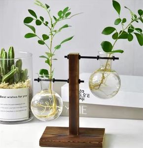 Terrariumhydroponische Pflanze Vasen Vintage Blumentopf Transparente Vase Holzrahmen Glas Tischplatte Pflanzen Home Bonsai Dekor 510 R2