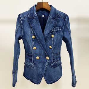 Kadın High Street Moda Tasarımcısı Blazer Ceket Kadın Metal Aslan Düğmeleri Çift Göğüslü Denim Blazer Dış Palto