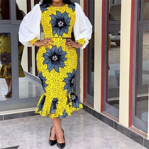 Женщины напечатанные платья O шеи пэчворк с длинными рукавами MIDI Цветок BodyCon Африканский мода Большой размер Дамы пакет бедра женские одежды 210416