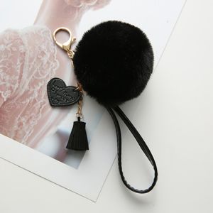 New Fluffy Rabbit Fur Ball Key Chain With Leather Heart Tassel Pompom Key Ring Holder for Women Bag Car Jewelry Pendant GL003 Y0414