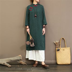 Johnature Cotton Vintage Sukienka Wiosna Cheongsam Kobiety Stojak Z Długim Rękawem Przycisk Chiński Styl Kobiety Cloths Loose Dress 210521