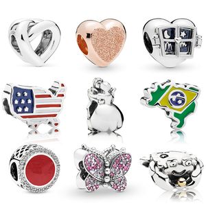 Memnon Jewelry 925 Sterling Dazzling Pink Butterfly Charms Window Hearts Charm Flag Element Bead Dance Knotted Heart Beads Fit Pandora Style Armbänder DIY