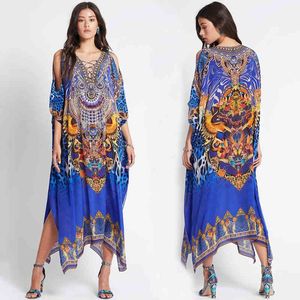 Blue Bohemian Impresso Bikini Cover-Ups Sexy Lace-Up Lado Split Verão Verão Vestido Mulheres Wear Nadar Suit Tever Up Q1243 210420