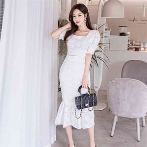 Sexy white Summer Dress 2 piece set short Sleeve tops and Maxi Skirt night party Suit for women clothing 210602