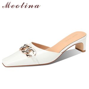 Meotina Äkta Läder Mules Kedja Mellanklack Skor Kvinnor Sommar Square Toe Tjock Heel Pumps Ladies Skodon Vit 210520