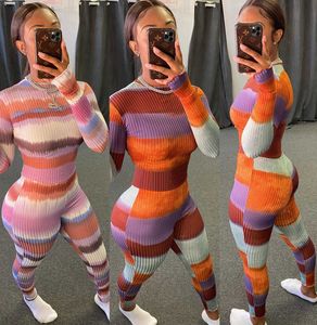 Women Jumpsuit Slim Sexy Colorful Stripes Long Sleeve Pants Ladies New Fashion Casual Printed Tight Rompers Onesies 93Z1