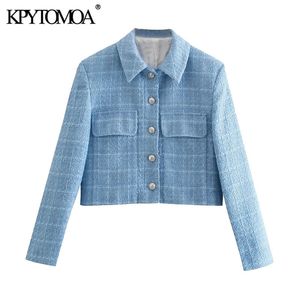 KPyTomoa Mulheres moda Única Tweed Breasted Cropped Blazer Casaco Vintage Longo Manga Bolsos Feminino Outerwear Chic Veste 210930