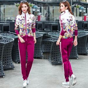 Women's Two Piece Pants 6XL Women Sport Suit Sportswear Spring Autumn Casual Jogger Running Workout Outfit Set Flower Print Jacket Sweatshir