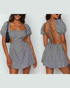 Summer Women Plaid Cut-out Lace-Up Backless Mini Dress Femme Rękaw Puff Codzienny Bandaż Dress Lady Casual Clothing New 2XL 210415