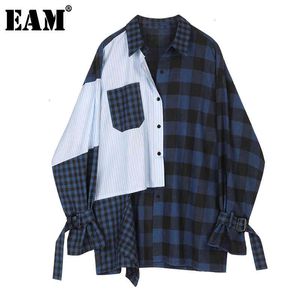 [Eam] Kvinnor Blå Striped Plaid Split Stor Storlek Blus Lapel Långärmad Loose Fit Shirt Fashion Spring Höst 1d356 210512