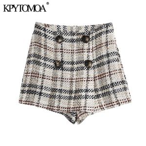 Women Chic Fashion With Buttons Check Tweed Shorts Skirts Vintage High Waist Back Zipper Female Skort Mujer 210416