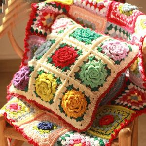 Cushion/Decorative Pillow Handmade Crochet Sofa Car Back Cushion Housewarming Gift Hand Hook Flower Retro Stereo Red Edge 30*30CM