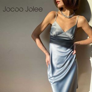 Jocoo Jolee Women Elegant Strap Satin Long Dress Sexig Deep V Neck Solid Straight Pyjamas Party Dress Casual Summer Sundress 210619