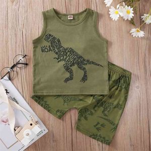 Summer Children Sets Sleeveless O Neck Print Letter Dinosaur Tops Green Shorts Cute Girls Boys Clothes Set 9M-6T 210629