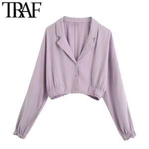Mulheres moda button-up blusas recortado vintage v neck manga longa camisas femininas blusas chique tops 210507