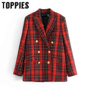 Toppies 새로운 여성 더블 브레스트 코트 패션 봄 재킷 여성을위한 붉은 격자 무늬 코트 210412