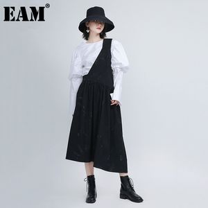 [eam] النساء الأسود مطوي غير النظامية فستان طويل غير متناظرة طوق أكمام فضفاض صالح الأزياء ربيع الخريف 1DD0184 21512