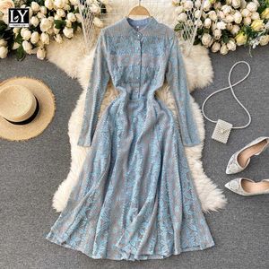 Vara Lin Primavera Outono Mulheres O-pescoço Vintage Único Breasted Midi Dress Escritório Senhoras Laço Retalhamento Fada 210526