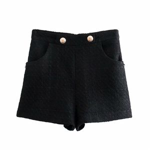 エレガントな女性のボタンハイウエストのショーツファッションレディースブラックストリートウェア女性シックな固体ポケット服210527