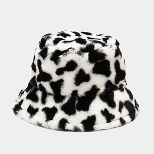 Зимняя корова печатает плюшевое ведро для женщин мягкий бархатный рыбацкий кепка леди туризм открытый теплый шляп мода плоские верхние шляпы
