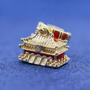 925 Sterling Silver & Shine Gold Metal Plated Beijing Forbidden City Dangle Charm Bead Fits European Pandora Jewelry Charm Bracelets