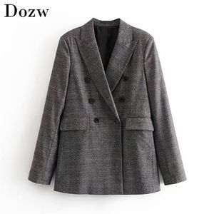 Vintage Double Breasted Women Plaid Blazers Suit Pockets Notched Collar Retro Coat Long Sleeve Lattice Office Jacket Outerwaer 210515